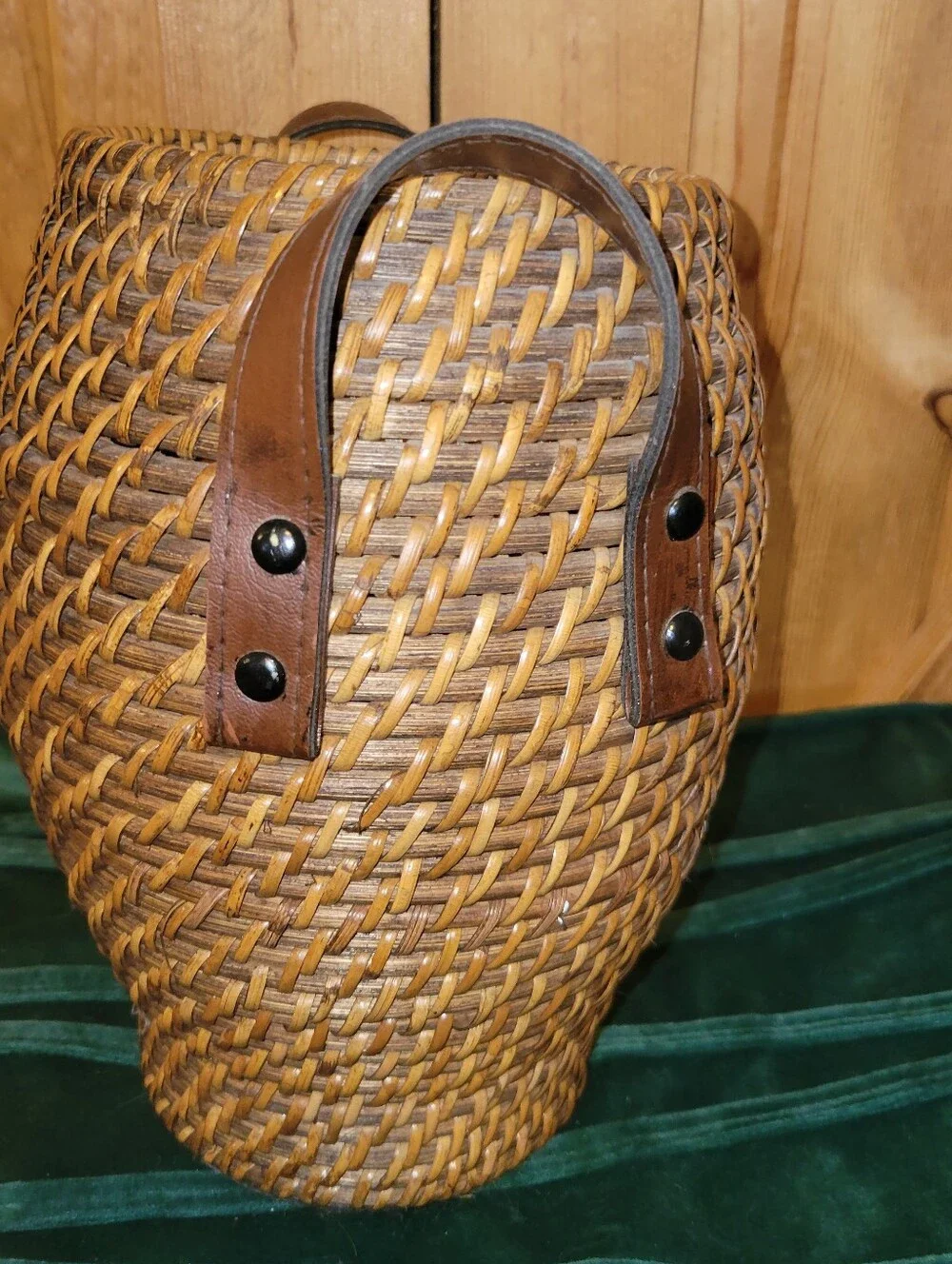 Vintage Lidded Rattan Urn Basket Floor Vase w/ Leather Handles Boho